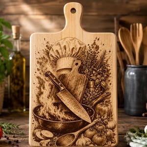May include: A rectangular wooden cutting board with a handle and a hole for hanging. The surface features a detailed laser-engraved illustration of a chef hat, a large kitchen knife, a frying pan with flames, a wooden spoon, and fresh vegetables.