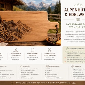 May include: Wooden cutting board with a handle, featuring a laser-engraved alpine scene with a cabin, mountains, and flowers. The board is light brown and has a natural wood grain. Text on the image says "ALPENH&Uuml;TTE & EDELWEISS".