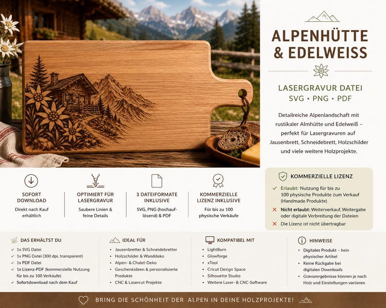 May include: Wooden cutting board with a handle, featuring a laser-engraved alpine scene with a cabin, mountains, and flowers. The board is light brown and has a natural wood grain. Text on the image says "ALPENH&Uuml;TTE & EDELWEISS".
