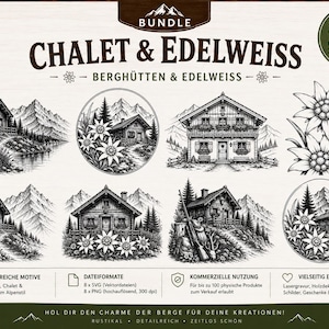 Könnte beinhalten: Ein digitales Bundle mit acht schwarz-weiß Illustrationen von Chalets und Edelweißblumen. Die Designs umfassen Berglandschaften, Hütten und florale Elemente, ideal für verschiedene kreative Projekte.