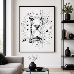 Könnte beinhalten: Schwarz-Weiß-Druck mit einem Sanduhr-Design. Das Kunstwerk enthält geometrische Formen, Linien und Himmelselemente. Die Sanduhr steht im Mittelpunkt, mit römischen Ziffern und einem kreisförmigen Design. Der Druck wird an einer weißen Wand angezeigt.