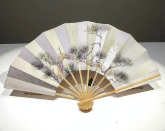 Authentic Japanese Maiogi Fan Hand Painted Pine Bamboo Double Sided Antique Handmade Folding Fan Silver 29cm with Box