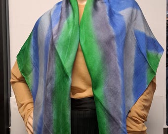 Vintage 1970s Indian Silk Scarf | Stripe Green Blue and Grey Print 110x106cm