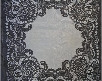 1960s Vintage Black Sheer Organza Scarf | Folk Floral Medallion Print Shawl