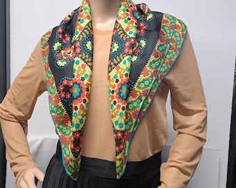 Vintage 1970s Suzani Print Scarf | Navy Folk Floral Eastern European Satin Wrap