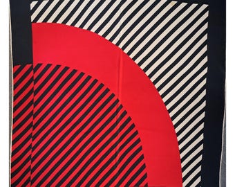 Vintage 1960s Op Art Silk Scarf | Black and Red Cream Striped Arc Geometric Print