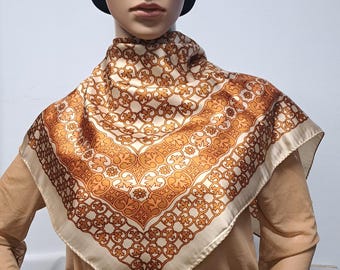 1960s Vintage Soviet Era Satin Scarf | Cream Gold Brown Arabesque Gothic Lattice Print