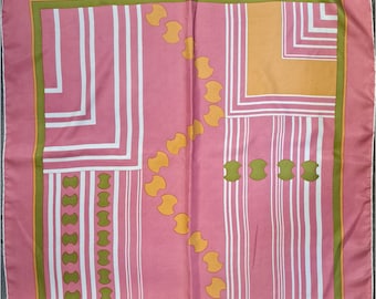 Vintage 1960s Op Art Silk Scarf | Pink Olive Orange Geometric Abstract Print
