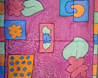 Vintage 1970s Pop Art Silk Scarf | Bold Floral Block Print Scraf