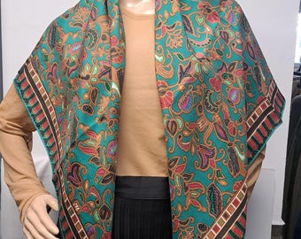 Vintage 1970s Teal Baroque Paisley Shawl | Ethnic Dotwork Boho Statement Scarf