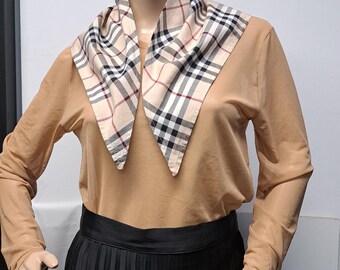 Vintage 90s Burberry London Cotton Triangle Scarf | Beige Tan Plaid Wrap | Made Romania