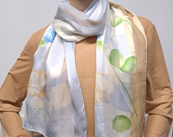 Vintage 1980s Sheer Silk Scarf | Blue Rose Floral Print 158x40cm