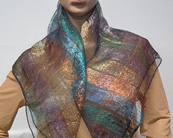 Vintage 1970s Multicolor Lurex Mesh Scarf | Rainbow Sheer  Stripe Shawl