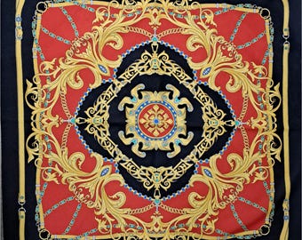 Vintage 1980s Italian Baroque Scarf | Black, Red and Gold Chain Print | Made in Italy