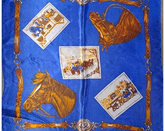 Vintage 1970s Equestrian Scarf | Royal Blue and Gold Heraldic Print with Satin Finish | 72x73cm