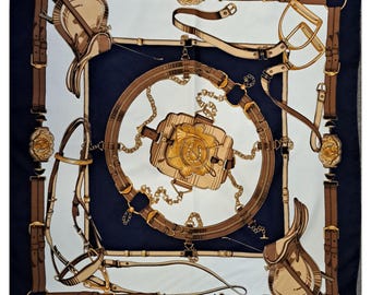 1970s Vintage Calvari Equestrian Silk Scarf | Navy and Ivory Saddle and Stirrup Chain Print