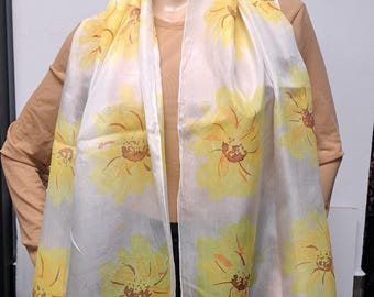 1970s Vintage Oblong Silk Yellow Floral Scarf | Watercolor Sunflower Print 145cm