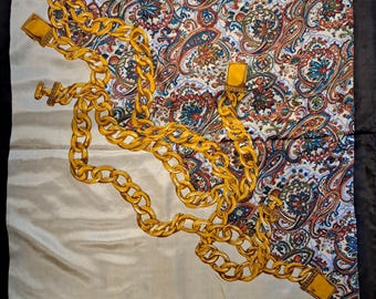1980s Vintage Silk Scarf | Gold Chain Print with Brown Border Shawl
