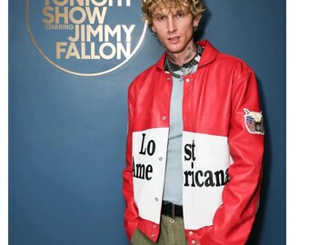 Die heutige Show MGK Lost Americana Jacke | Rot und Weiß Echtleder Premium-Qualität