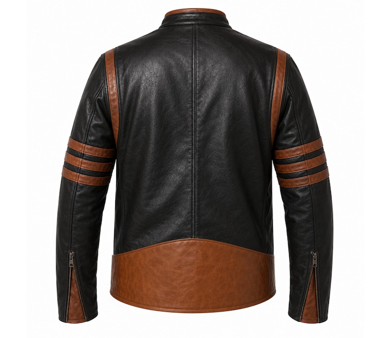 Puede incluir: Chaqueta de cuero negra y marr&oacute;n con cuello alzado. La chaqueta presenta rayas marrones en las mangas y paneles marrones en los hombros y la parte inferior de la espalda. Las mangas tienen cremalleras en los pu&ntilde;os.