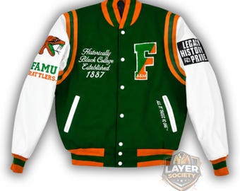 FAMU Letterman Jacket, Wollkörper, Lederärmel, HBCU Rattlers Apparel