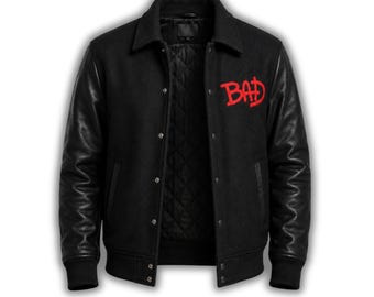 Michael Jackson BAD Tour Varsity Jacke - Wollleder Ärmel Retro 80er Pop Icon Mantel