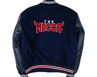Howard Universität Varsity Jacke: Marine Wolle, Echtleder Ärmeln, Gesticktes Motto