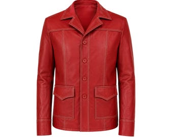 Tyler Durden Premium Rot Lederjacke - Brad Pitt Fight -Club Handgefertigter Mantel im klassischen Filmstil