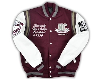 "NCCU Motto 2.0 Zentrale Universität Kastanienbraun & Weiße Wolle Leder Ärmel Varsity Jacke Letterman - Alle Größen."