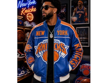 New York Lederjacke, Blau Orange Basketball Bomber Karl Antony Towns Benutzerdefinierte Nummer 32 Style Jacke Männer Frauen