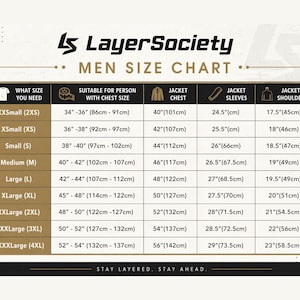 Pode incluir: Uma tabela de tamanhos de jaquetas LayerSociety, com colunas para tamanho, contorno do peito, peito da jaqueta, mangas e ombros em polegadas e cent&iacute;metros. A tabela lista tamanhos de XXSmall a XXXXLarge com dados espec&iacute;ficos.
