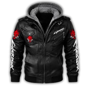 May include: Black faux leather jacket with a gray hooded insert. Features red graphic patches and white text on the sleeves that reads "Cyberpunk". The jacket has a zip-up front, pockets, and a ribbed hem and cuffs.