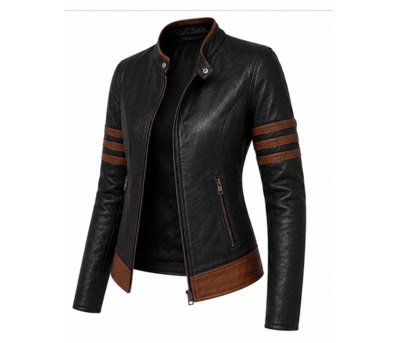 Puede incluir: Chaqueta de cuero sint&eacute;tico negra con detalles marrones. La chaqueta tiene cuello alzado, cremallera frontal y rayas marrones en las mangas. El cuello y el dobladillo tambi&eacute;n son marrones. Una prenda de abrigo elegante.