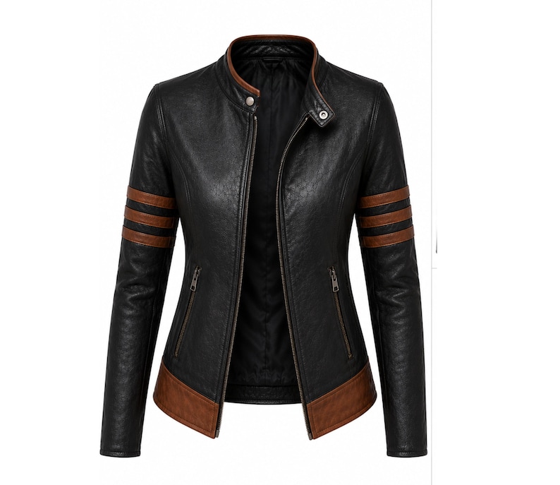 Puede incluir: Chaqueta de cuero sint&eacute;tico negra con cuello, rayas en las mangas y dobladillo marrones. La chaqueta presenta una cremallera frontal, dos bolsillos con cremallera y un cuello alzado. Una prenda de abrigo elegante.
