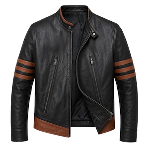 May include: Black leather jacket with brown accents. The jacket features a stand-up collar, a zipper closure, and brown stripes on the sleeves. The bottom hem and collar are also brown. A stylish and rugged outerwear piece.