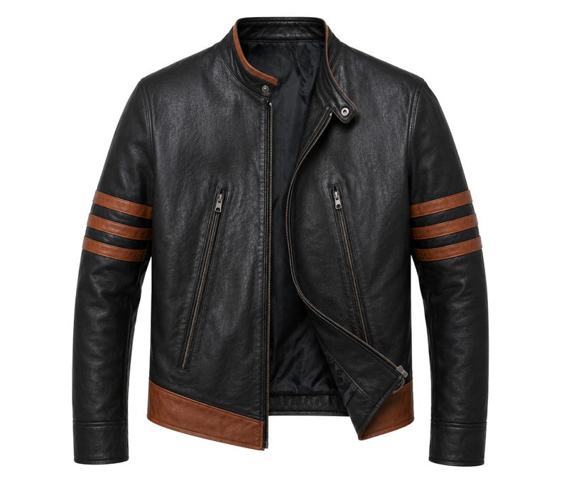 Puede incluir: Chaqueta de cuero negra con detalles marrones. Cuenta con cuello alzado, cierre de cremallera y rayas marrones en las mangas. La chaqueta tiene un ribete marr&oacute;n en el bajo y en el cuello.
