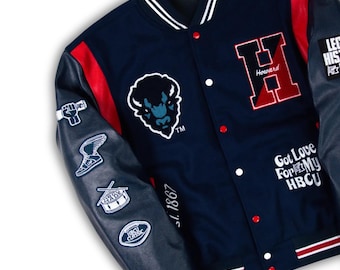 Howard Universität Navy Wolle & Leder Varsity Jacke - Handgefertigte Letterman Bekleidung