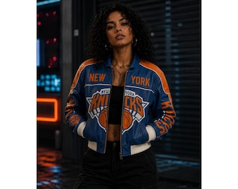 New York Lederjacke, Blau Orange Basketball Bomber Karl Antony Towns Benutzerdefinierte Nummer 32 Style Jacke Männer Frauen