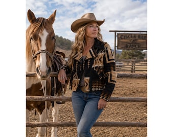 Beth Dutton inspirierte Azteken-Fliegerjacke aus Wolle mit Lammkragen