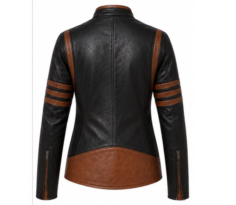 Puede incluir: Chaqueta de cuero sint&eacute;tico negra y marr&oacute;n con cuello alto. La chaqueta presenta detalles marrones en los hombros y la parte inferior de la espalda, con tres rayas marrones en cada manga. Las mangas tienen cremalleras en los pu&ntilde;os.