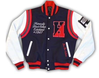 Howard Universität The Mecca Varsity Blau-Weiß-Wolljacke mit Lederärmeln Varsity