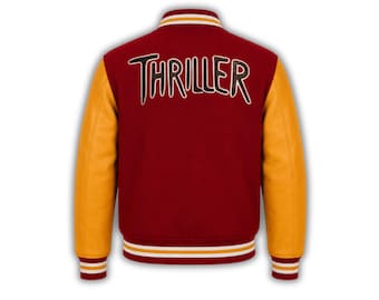 Jaqueta Varsity Thriller inspirada em Michael Jackson – Jaqueta bomber retrô em lã vermelha com mangas de couro.