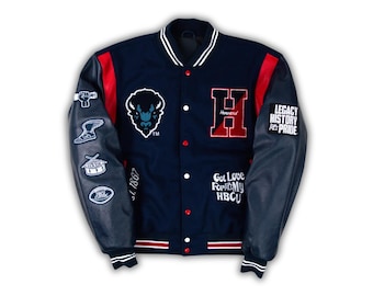 Howard Universität Motto 3.0 Navy Wolle & Leder Varsity Jacke Wolle mit Lederärmel Letterman