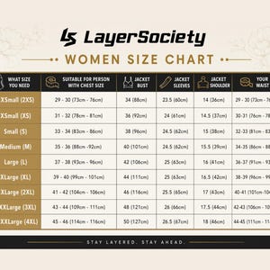 Pode incluir: Uma tabela de tamanhos de jaquetas LayerSociety, com colunas para peito, busto, mangas, ombros e cintura em polegadas e cent&iacute;metros, de XXSmall a XXXXLarge, com o texto Stay Layered. Stay Ahead.