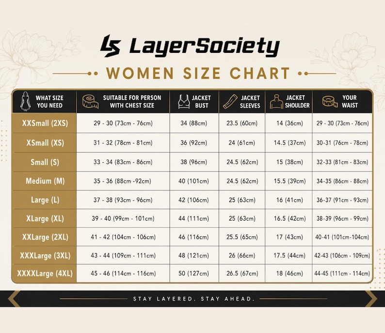 Pode incluir: Uma tabela de tamanhos de jaquetas LayerSociety, com colunas para peito, busto, mangas, ombros e cintura em polegadas e cent&iacute;metros, de XXSmall a XXXXLarge, com o texto Stay Layered. Stay Ahead.