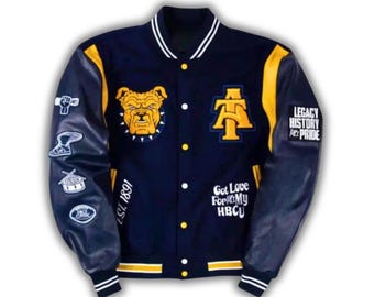 Jaqueta universitária North Carolina A&T Letto 3.0 Aggie Pride, feita à mão e personalizada, em lã, com mangas de couro, para universidades historicamente negras (HBCU) - Todos os tamanhos