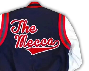 Howard Universität The Mecca Varsity Blau-Weiß-Wolljacke mit Lederärmeln Varsity