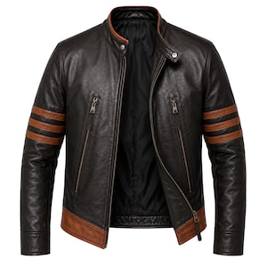 May include: Black leather jacket with brown accents on the sleeves and hem. The jacket features a stand-up collar, a front zipper closure, and two zippered pockets. The sleeves have three brown stripes. The jacket is open, revealing a black interior lining.