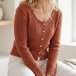 Ribbed Lace Cardigan Knitting Pattern, Top Down Women Knitwear (PDF)