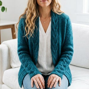 Cable Knit Cardigan Pattern, Textured Sleeve Open Front Jacket (PDF Pattern)